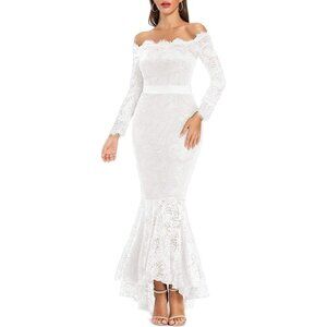 Women's White Floral Lace Long Sleeve Off Shoulder Wedding Mermaid Dress
